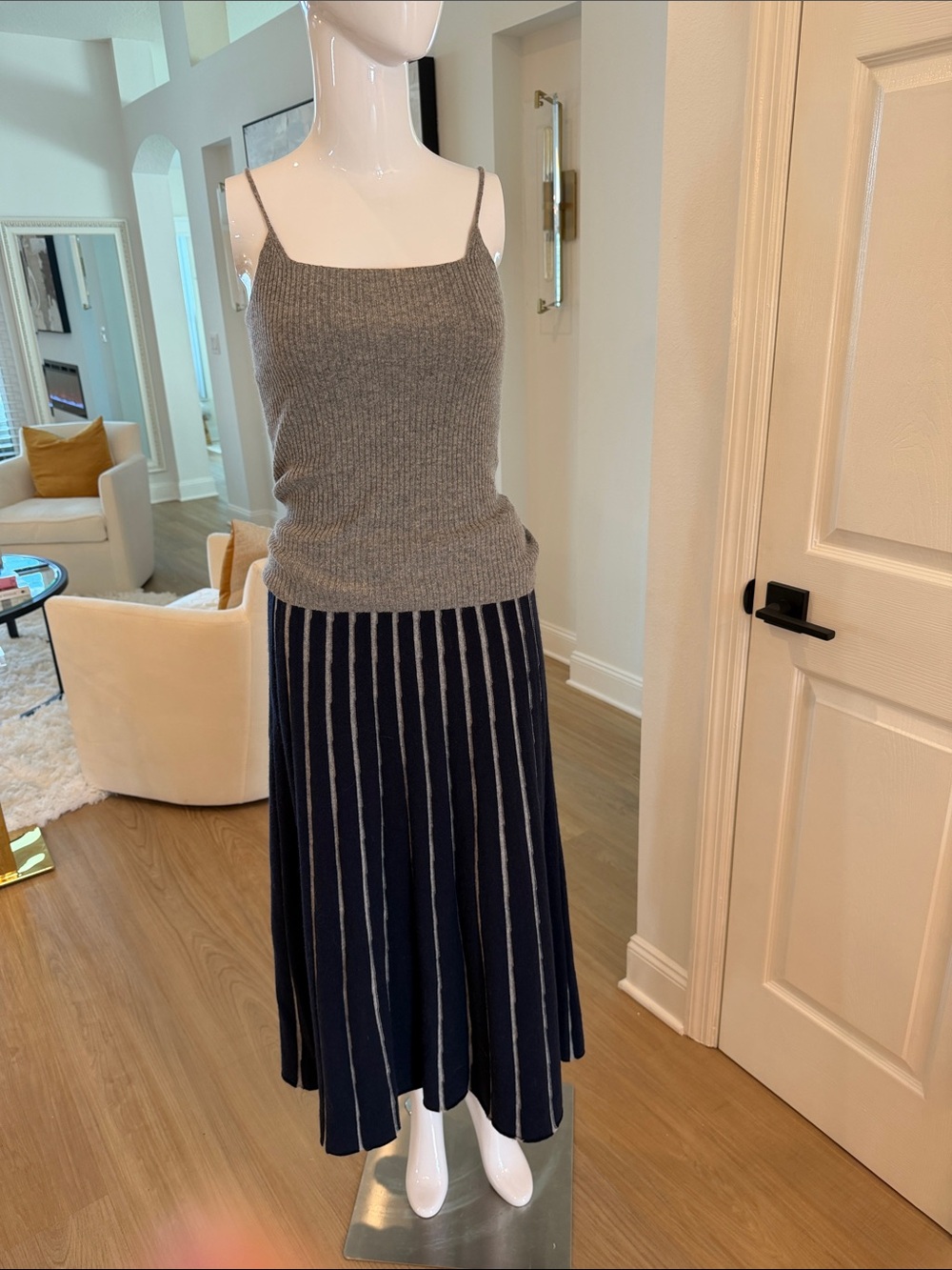 Pure Collection Navy and Cream Striped Knit Midi Skirt - Picture 8 of 8
